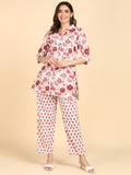 Cotton Floral Print Button Down Top with Pants Co-ord Set - White Rose