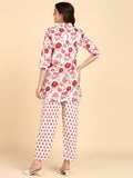Cotton Floral Print Button Down Top with Pants Co-ord Set - White Rose