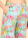 Pure Cotton Floral Print Shirt with Pants Co-ord Set - Blue