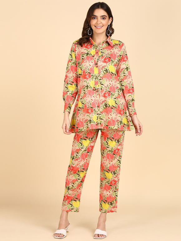 Pure Cotton Floral Print Shirt with Pants Co-ord Set - Peach