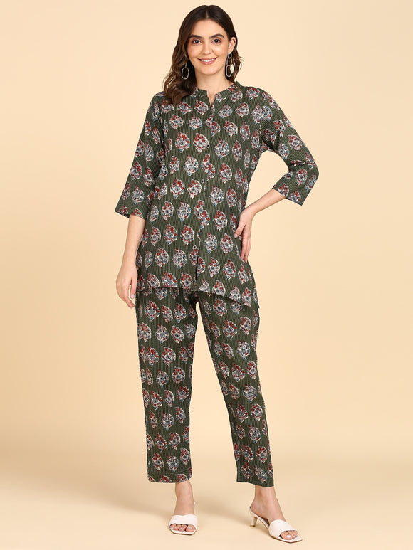Cotton Floral Print Button Down Top with Pants Co-ord Set - Green