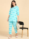 Pure Cotton Floral Print Collared Top with Pants Co-ord Set - Cyan