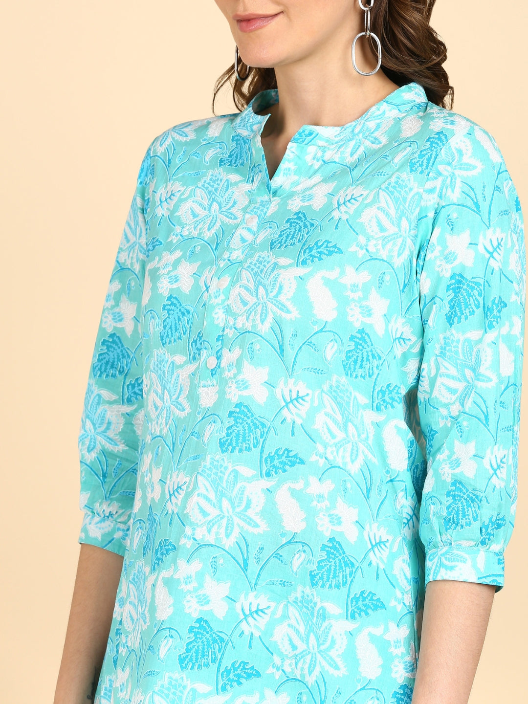 Pure Cotton Floral Print Collared Top with Pants Co-ord Set - Cyan