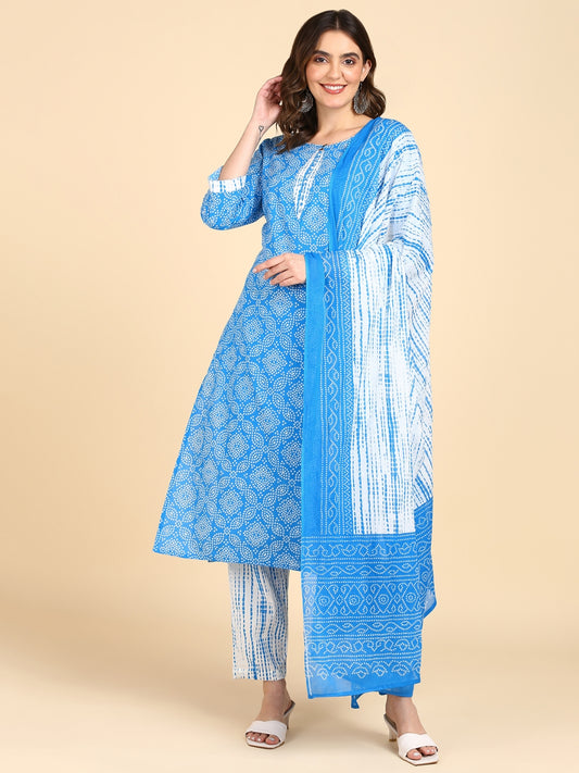 Bandhani Shibori Print Kurta, Pant and Dupatta Set - Blue