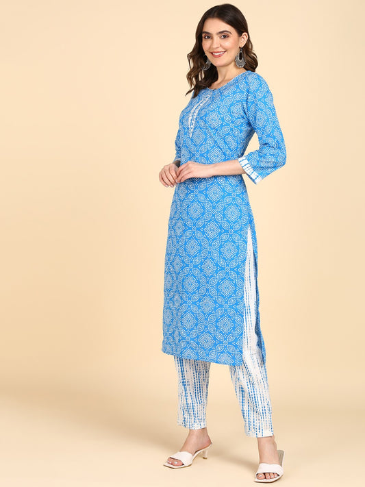 Pure Cotton Bandhani shibori  Print Kurta Pant Set - Blue