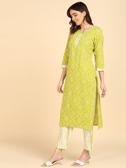 Pure Cotton Bandhani shibori  Print Kurta Pant Set - Green