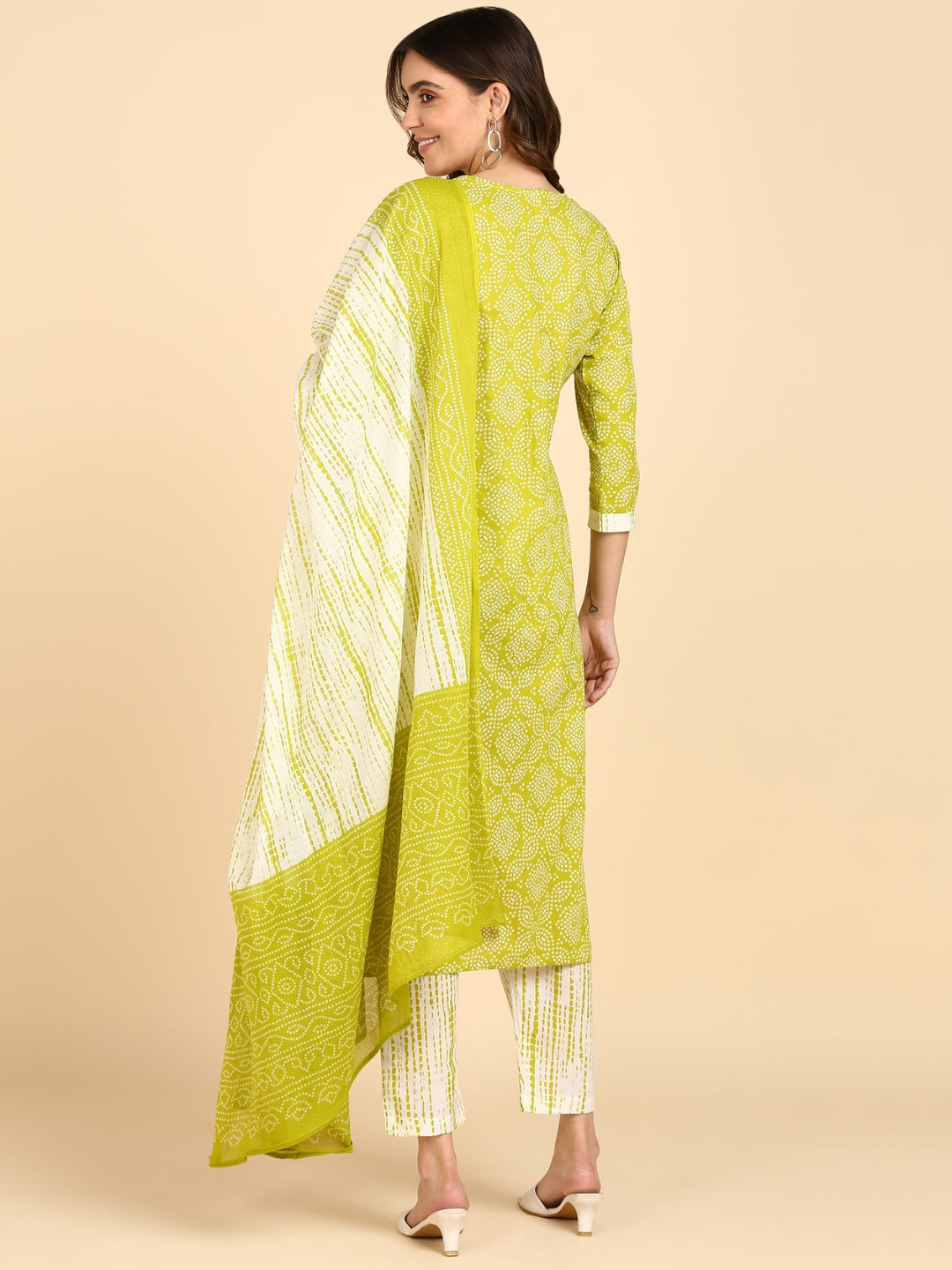 Bandhani Shibori Print Kurta, Pant and Dupatta Set - Yellow