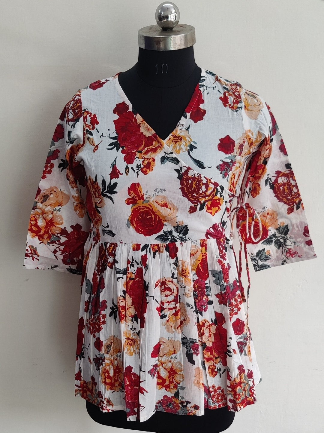 Floral Print Angrakha Style Peplum Top - Red Rose