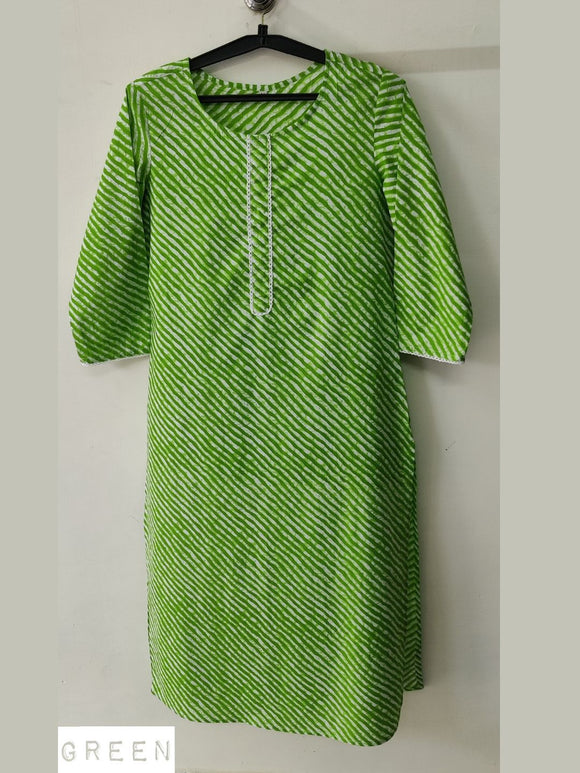 Pure Cotton Lehariya Kurta with Lace detail - Green