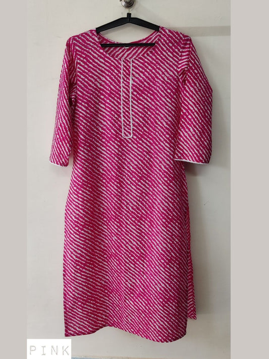 Pure Cotton Lehariya Kurta with Lace detail - Pink