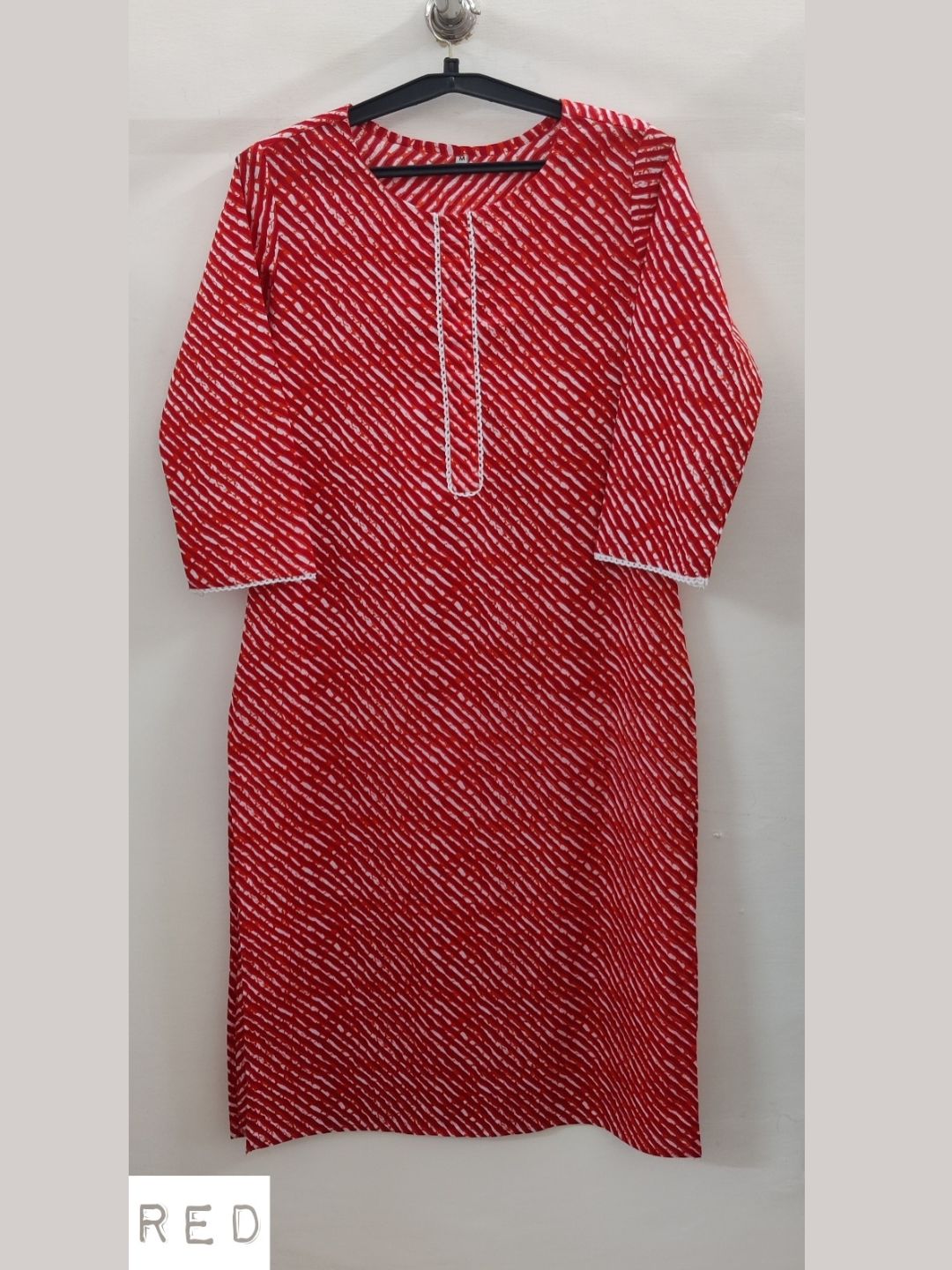 Pure Cotton Lehariya Kurta with Lace detail - Red