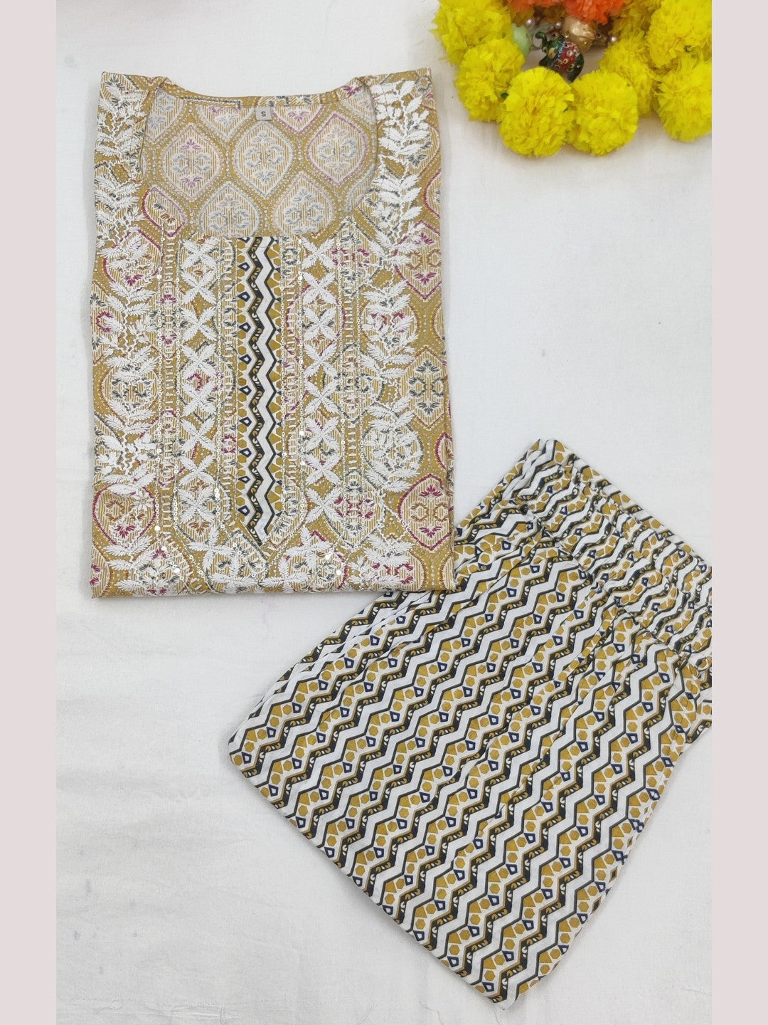 Pure Cotton Floral Print Embroidered Kurta Pant Set - Mustard