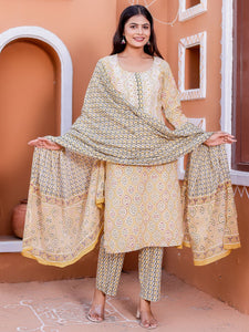 Embroidered Neck Ethnic Print Kurta, Pant and Dupatta Set - Mustard