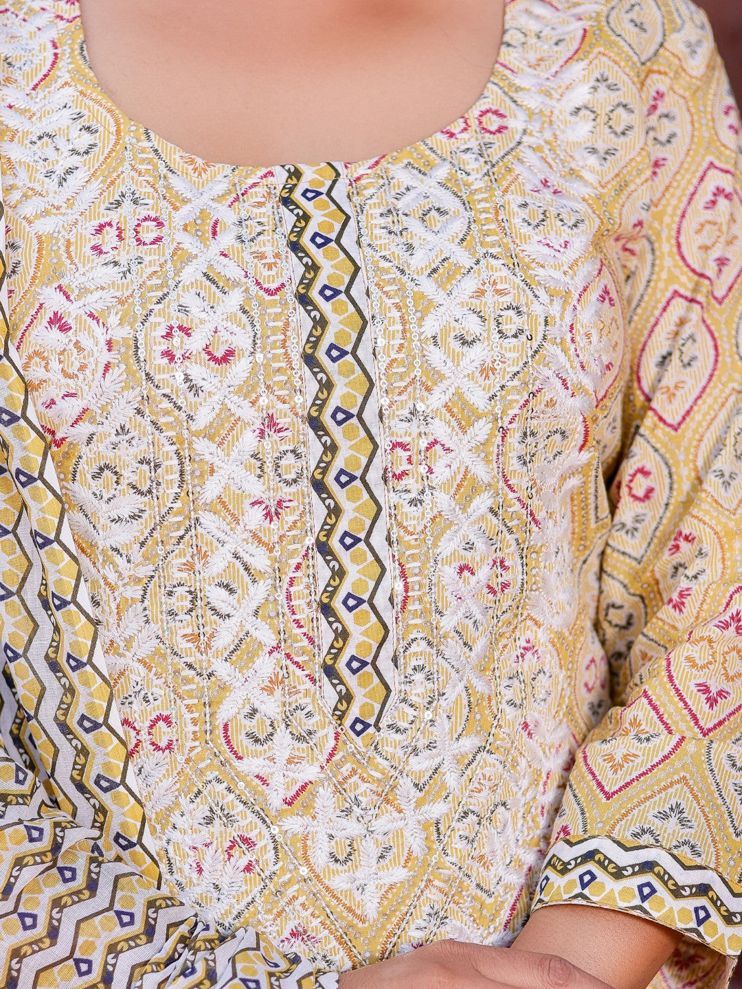 Pure Cotton Floral Print Embroidered Kurta Pant Set - Mustard
