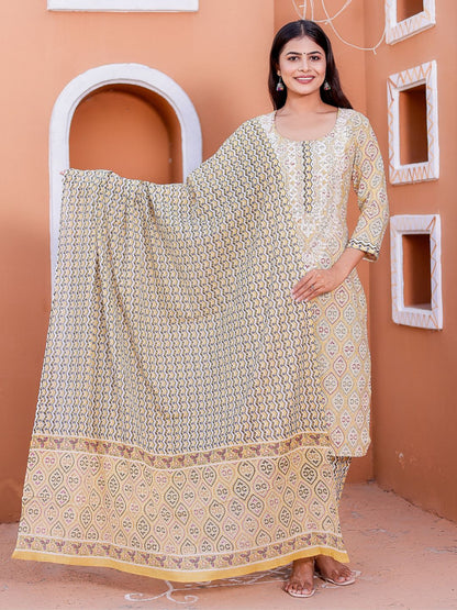 Embroidered Neck Ethnic Print Kurta, Pant and Dupatta Set - Mustard