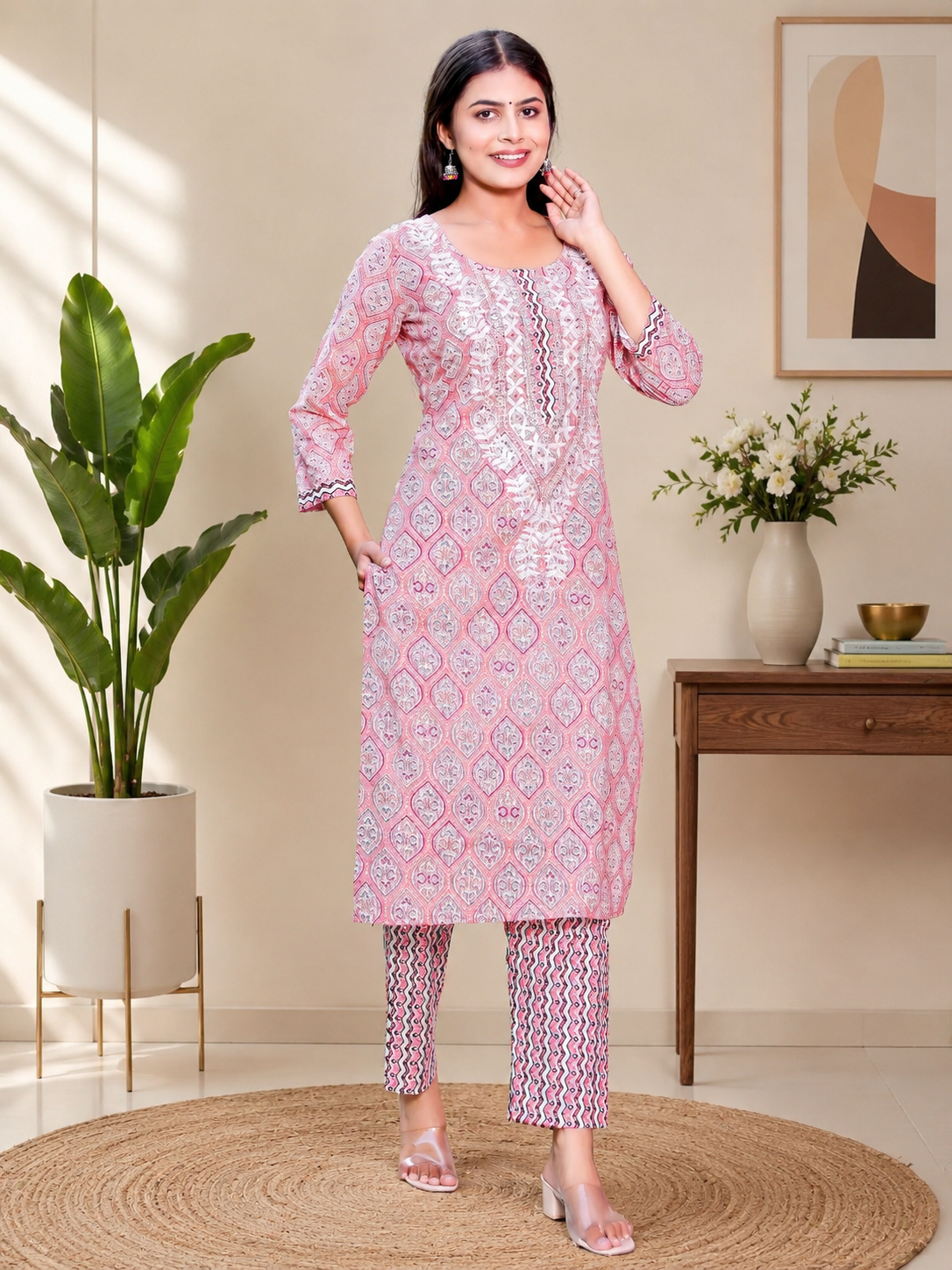 Thread Crush Pink Cotton Kurta Set