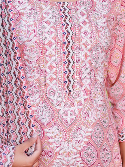 Pure Cotton Floral Print Embroidered Kurta Pant Set - Pink