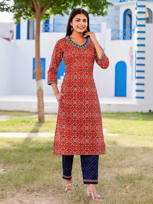 Pure Cotton Patola Print Embroidered Kurta Pant Set - Red