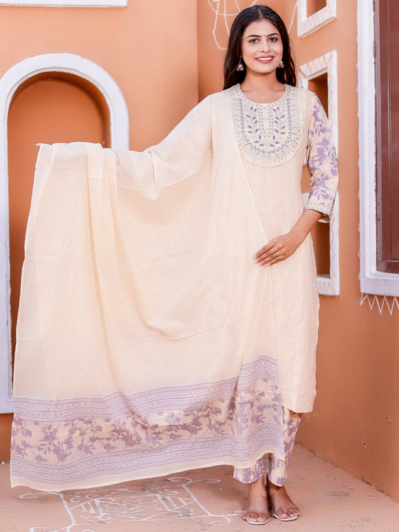 Embroidered Neck Chevron Print Kurta, Pant and Dupatta Set - Violet