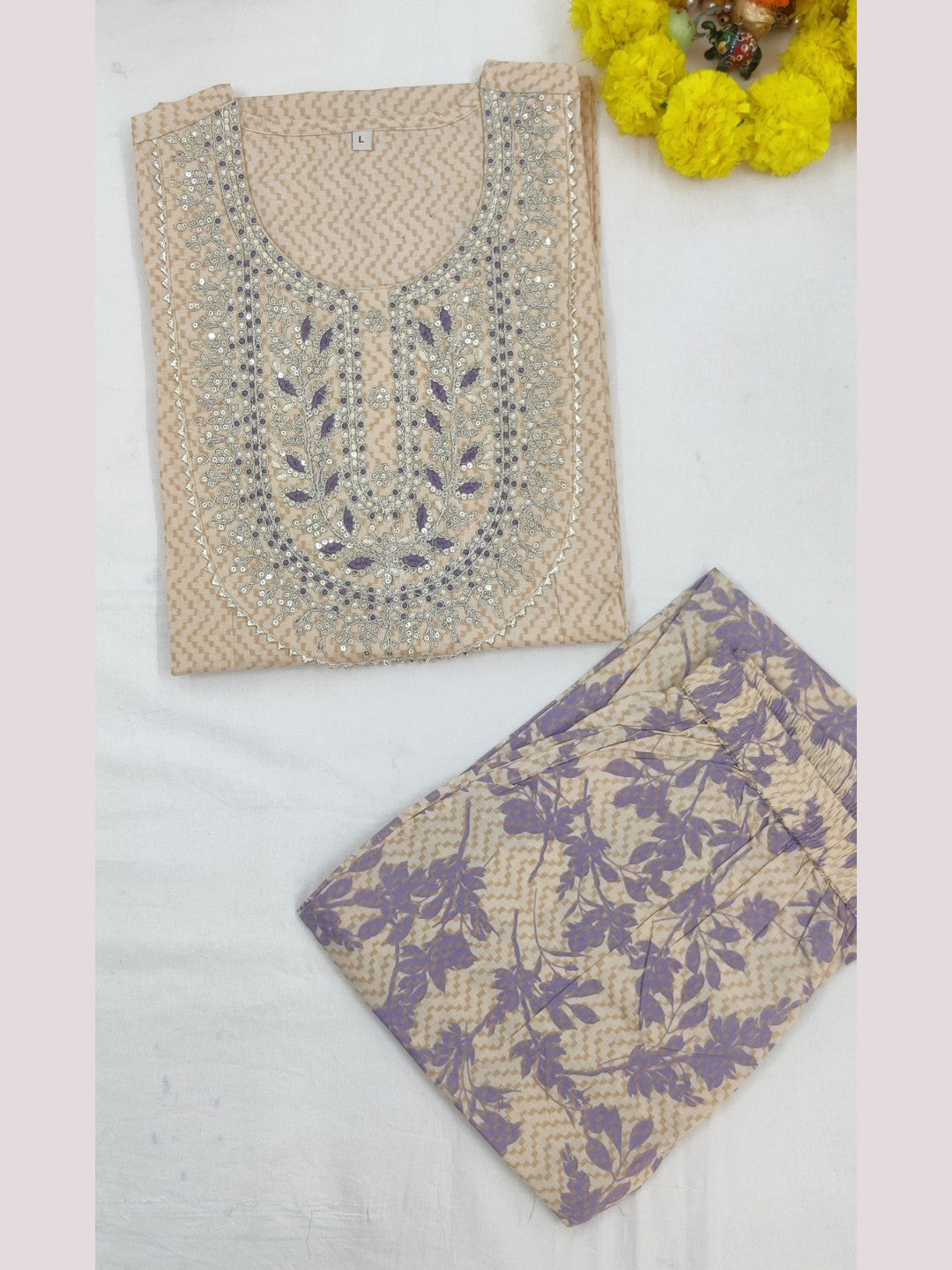 Pure Cotton Chevron Print Embroidered Kurta Pant Set - Violet