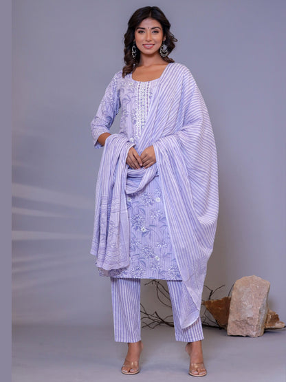 Embroidered Floral Stripes Print Kurta, Pant and Dupatta Set - Blue