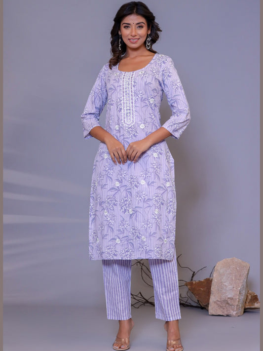 Pure Cotton Floral Stripes Print Embroidered Kurta Pant Set - Blue