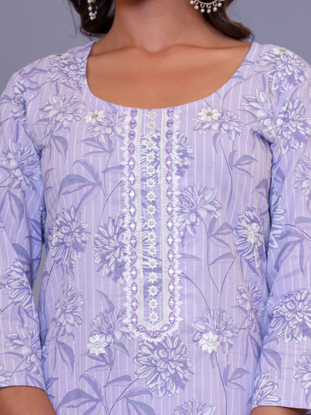 Pure Cotton Floral Stripes Print Embroidered Kurta Pant Set - Blue