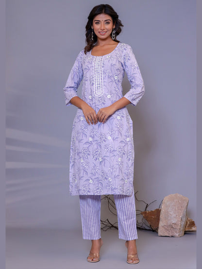 Embroidered Floral Stripes Print Kurta, Pant and Dupatta Set - Blue