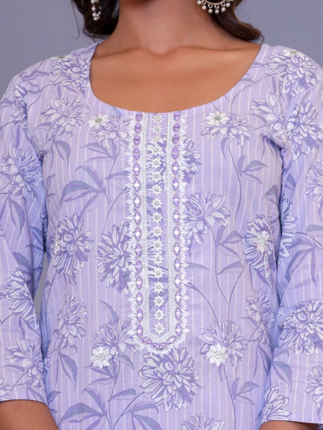 Embroidered Floral Stripes Print Kurta, Pant and Dupatta Set - Blue