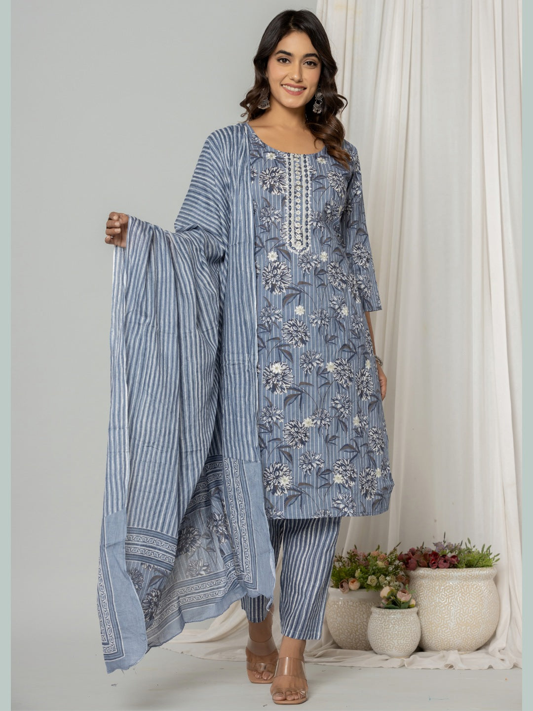 Embroidered Floral Stripes Print Kurta, Pant and Dupatta Set - Grey