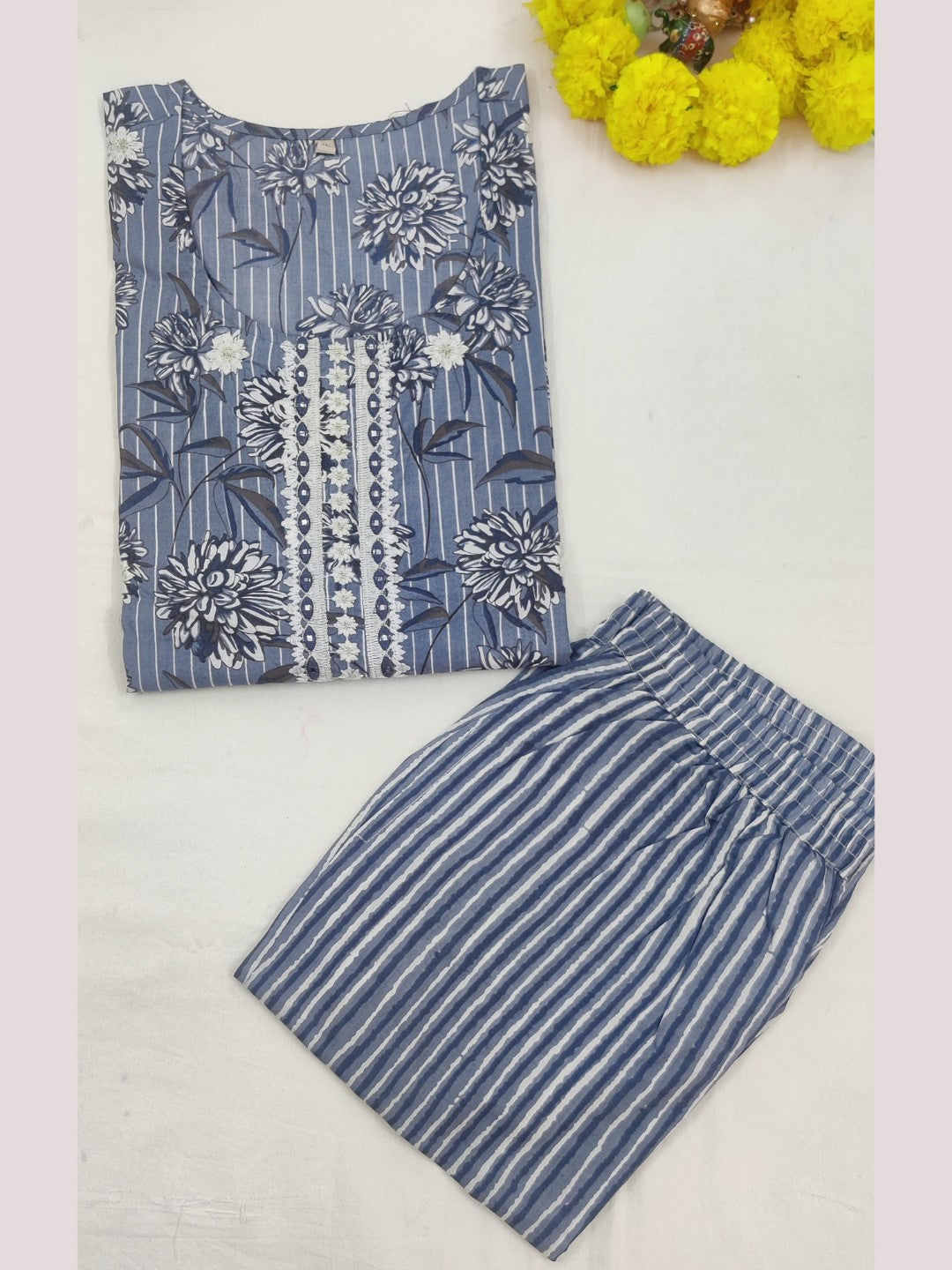 Pure Cotton Floral Stripes Print Embroidered Kurta Pant Set - Grey