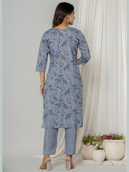 Pure Cotton Floral Stripes Print Embroidered Kurta Pant Set - Grey