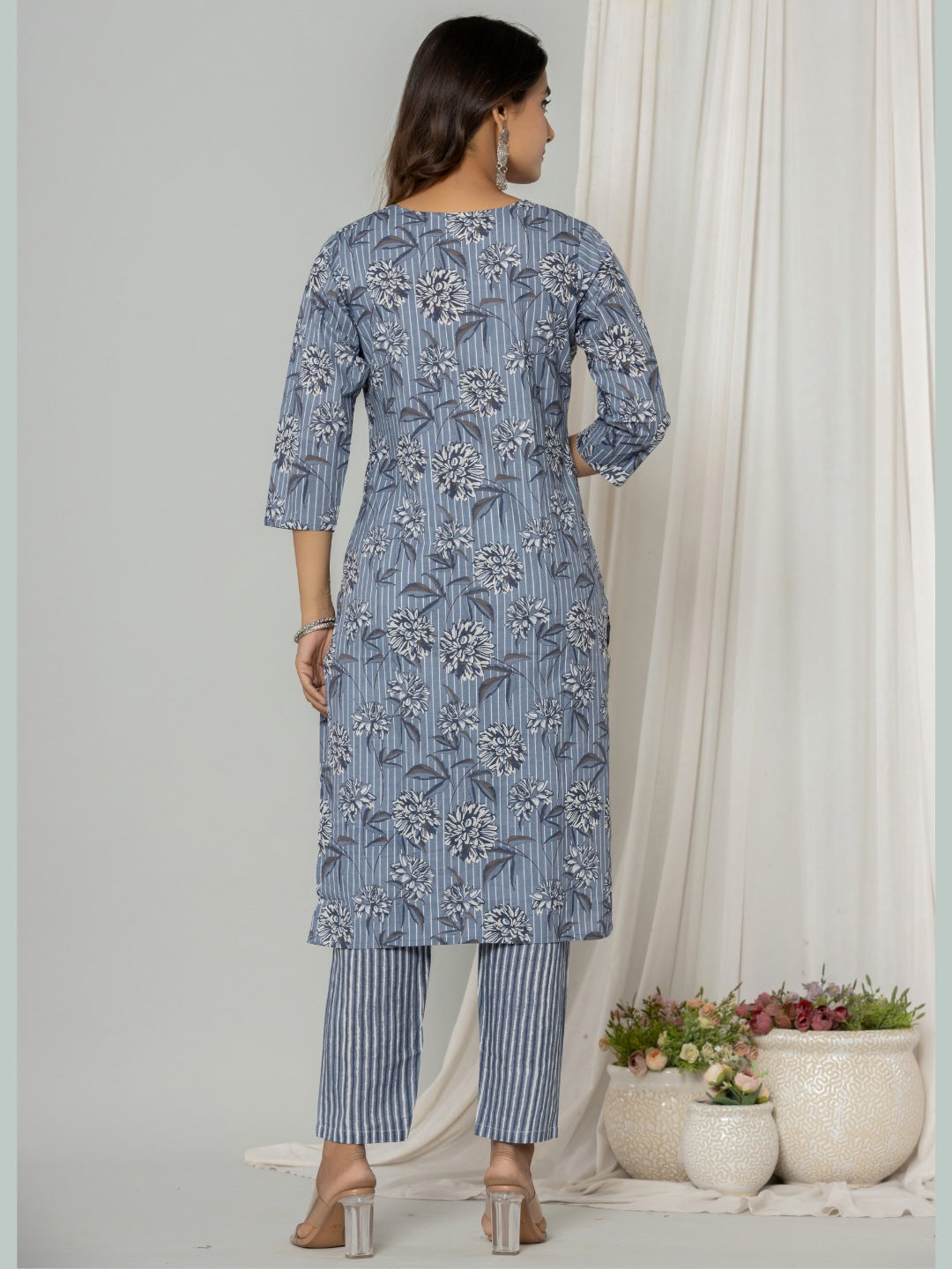 Embroidered Floral Stripes Print Kurta, Pant and Dupatta Set - Grey