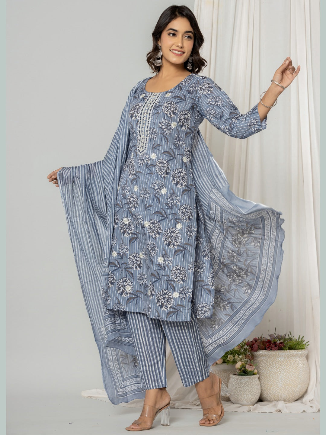 Embroidered Floral Stripes Print Kurta, Pant and Dupatta Set - Grey