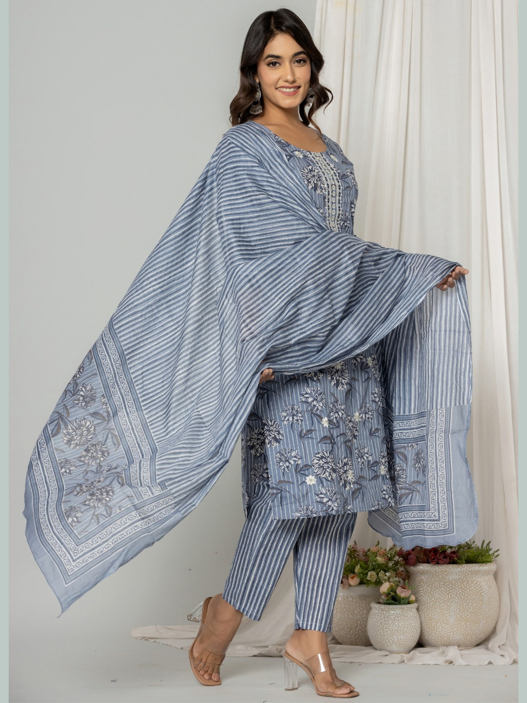 Embroidered Floral Stripes Print Kurta, Pant and Dupatta Set - Grey