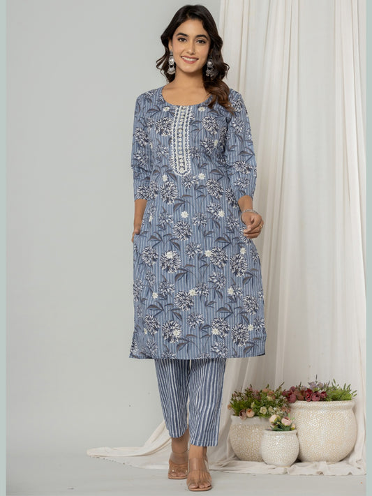 Pure Cotton Floral Stripes Print Embroidered Kurta Pant Set - Grey