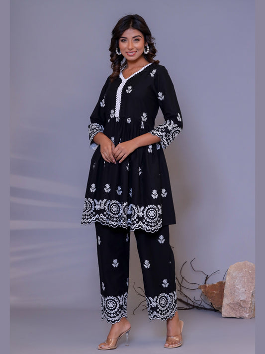 Pure Cotton All-over Embroidered Peplum Top and Palazzo Co-Ord Set - Black