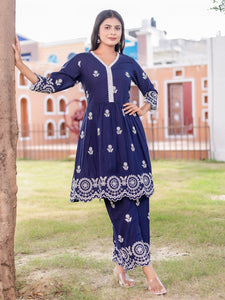 Pure Cotton All-over Embroidered Peplum Top and Palazzo Co-Ord Set - Blue