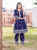 Pure Cotton All-over Embroidered Peplum Top and Palazzo Co-Ord Set - Blue