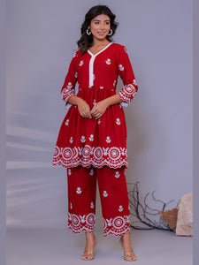 Pure Cotton All-over Embroidered Peplum Top and Palazzo Co-Ord Set - Maroon