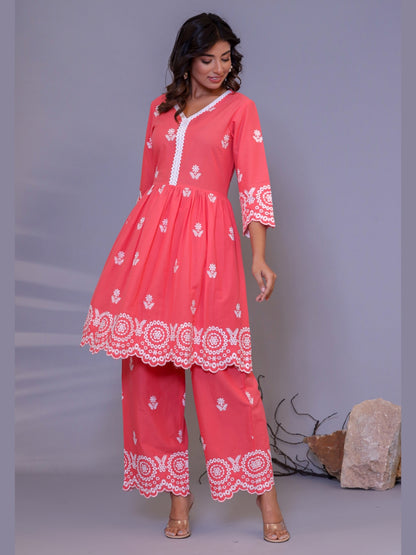 Pure Cotton All-over Embroidered Peplum Top and Palazzo Co-Ord Set - Peach