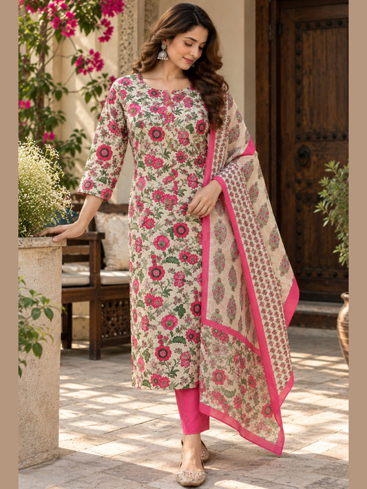 Gulmohar Pure Cotton Floral Printed Kurta and Pant Set with Dupatta