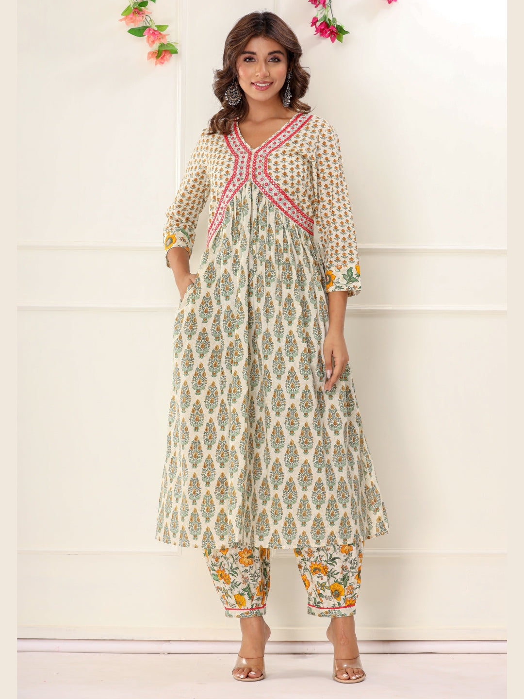 Floral Print Alia Cut Embroidered Kurta with Afghan Pants and Dupatta