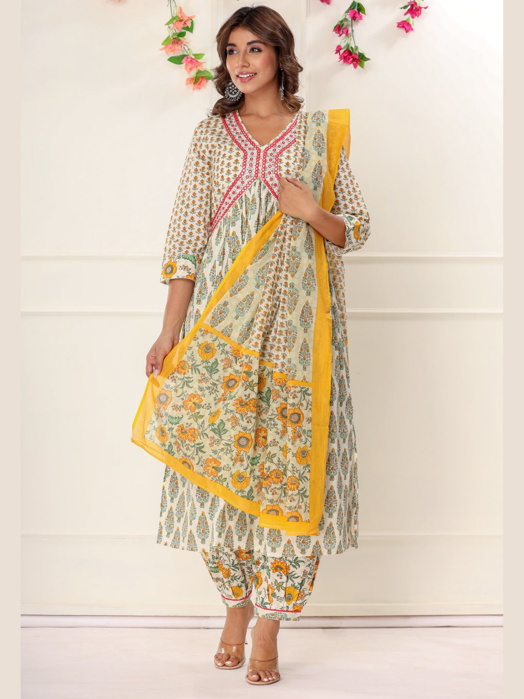 Floral Print Alia Cut Embroidered Kurta with Afghan Pants and Dupatta