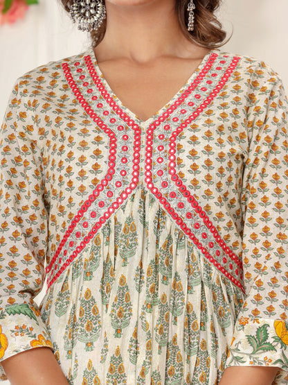 Floral Print Alia Cut Embroidered Kurta with Afghan Pants and Dupatta