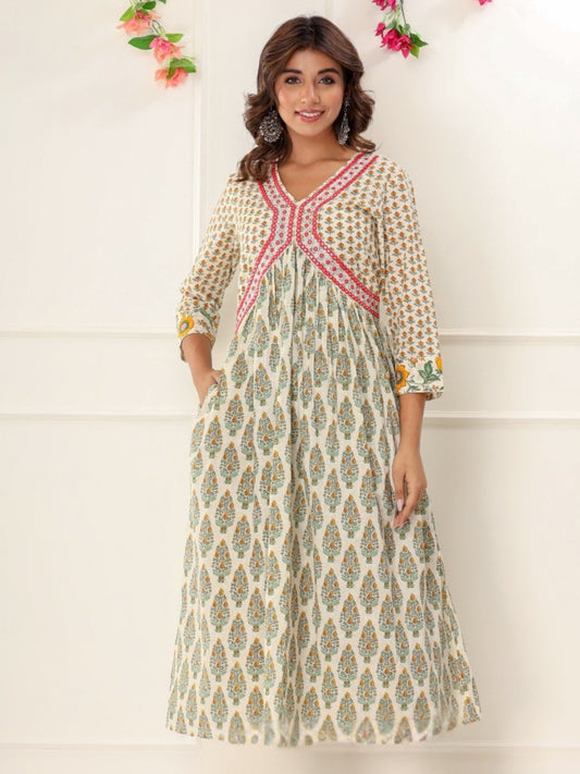 Pure Cotton Gathered Waist Embroidered Kurta with Pocket - Yellow