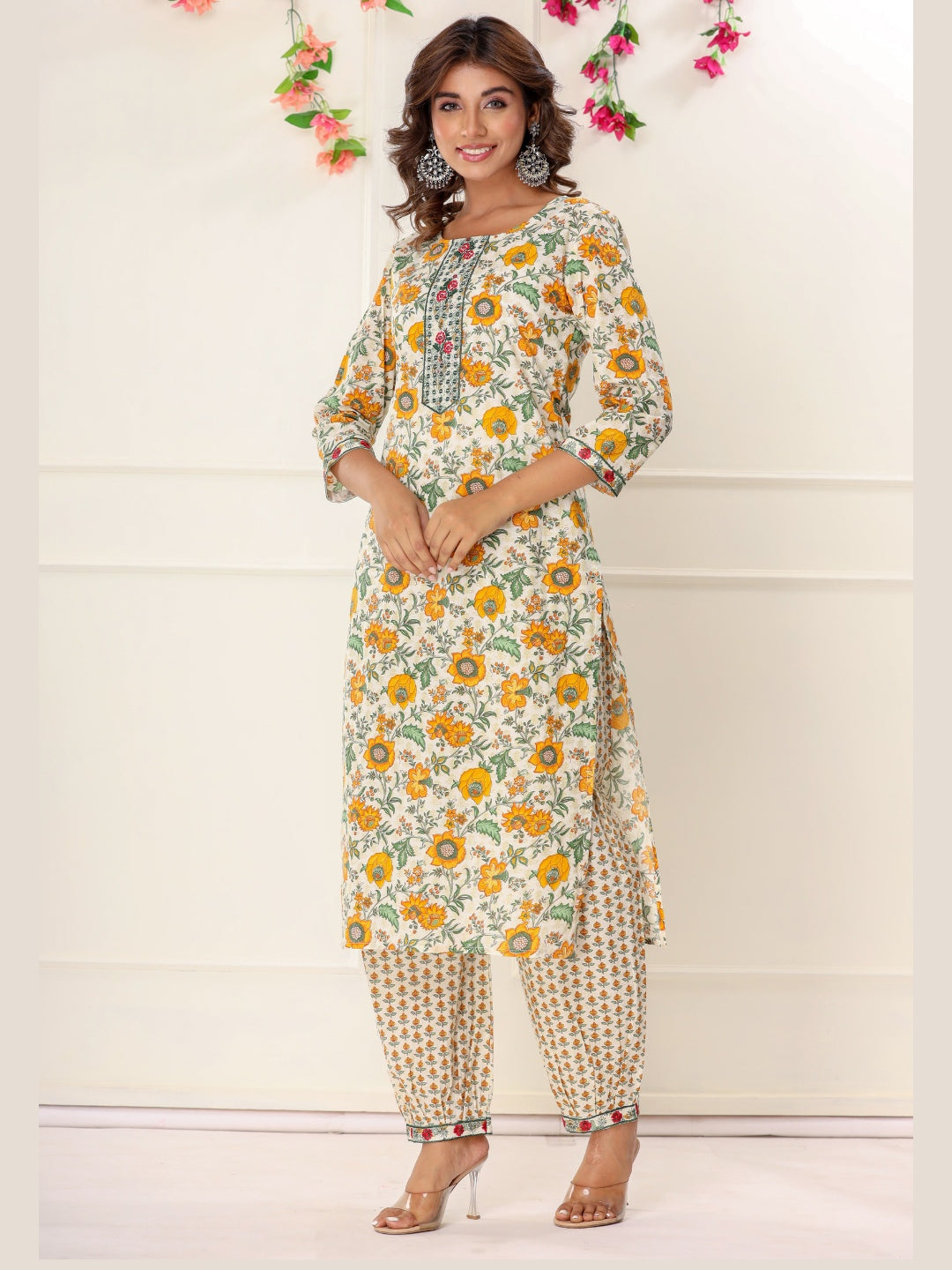 Pure Cotton Floral Print Embroidered Kurta with Afghan Pants Set - Yellow