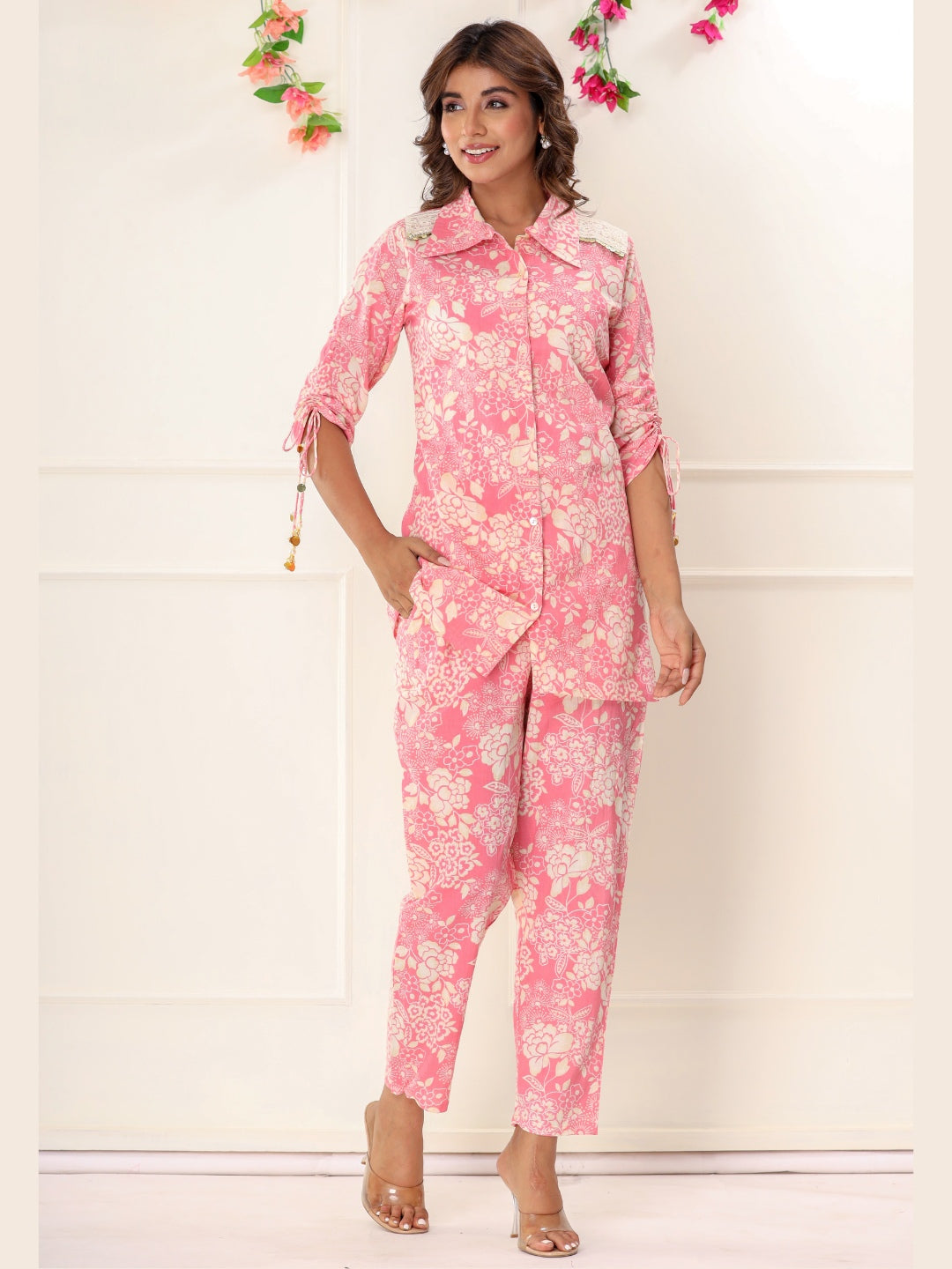 Floral Print Shirt Style Embroidered  Co-ord Set - Pink