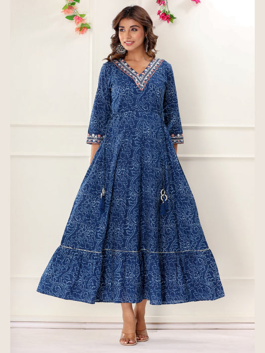 Bandhani Print Colorful Embroidered Anarkali Kurta Dress - Blue