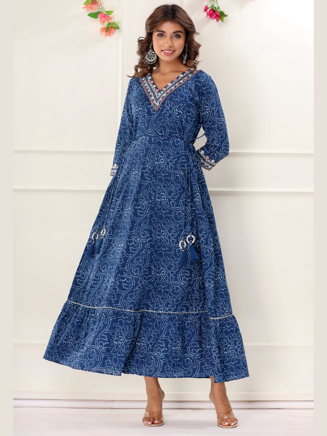 Bandhani Print Colorful Embroidered Anarkali Kurta Dress - Blue